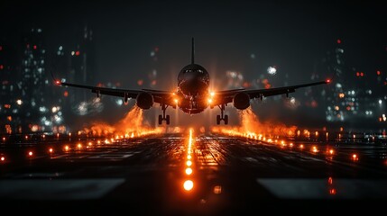 Fototapeta premium Silhouette of an airplane landing at night.