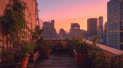 Fototapeta premium Urban Rooftop Garden at Sunset with City Skyline