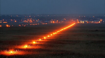 Runway lights illuminate a field at night.