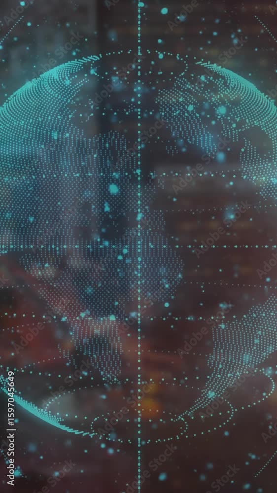 Aufkleber animation of digital data processing and connections over globe and cityscape