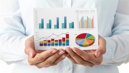 Hands presenting a document with financial charts and graphs isolated on white background