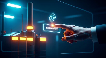 Production order start concept. A professional touches an "START PRODUCTION" button on a clean factory interface, causing a single gear icon to spin.