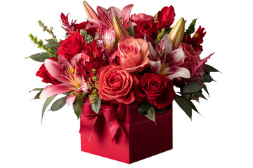 Angled Side View of Vibrant Bouquet in Red Square Gift Box with Decorative Red Ribbon Bow, Isolated on Transparent Background