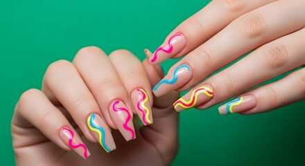 Close-up of a woman's hands with colorful abstract wavy line designs on her long, acrylic nails against a bright green background, showcasing creative nail art