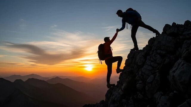 Mountain Climbing: Teamwork, Success, and Inspiring Ascent at Sunrise