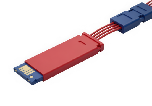 A close-up of a red and blue USB cable connector against a clean background.