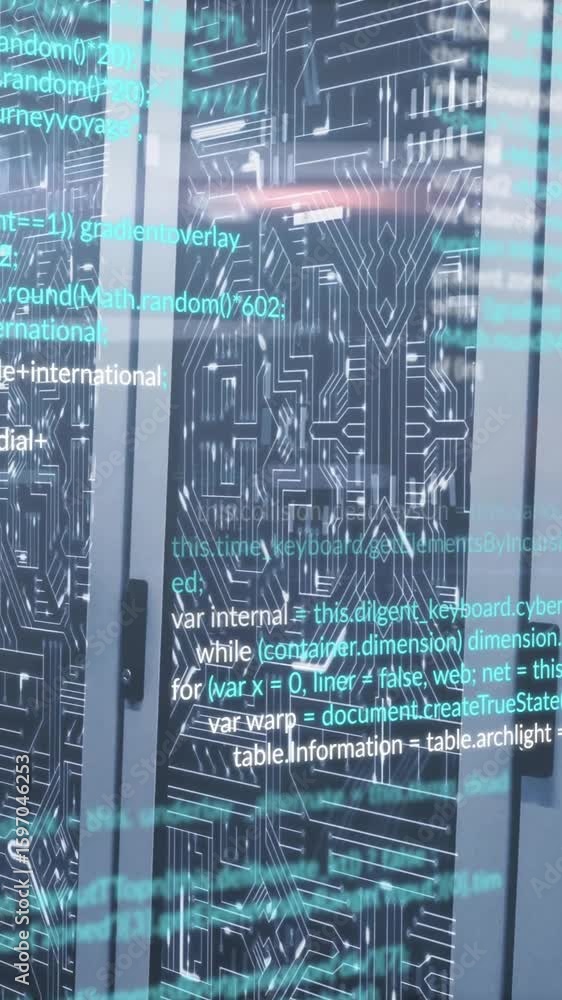Poster Programming code animation over server racks in data center