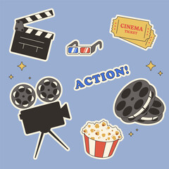 Set of film and movie sticker flat design style isolated on light blue background with camera, film reel, film slate, 3D glasses, popcorn, cinema ticket, vector illustration