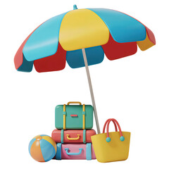 Colorful Beach Umbrella with Luggage, Beach Bag, and Inflatable Ball on White