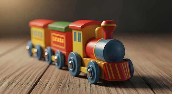Playful Action of a Colorful Wooden Train Toy on a Wooden Surface in a Cozy Indoor Environment