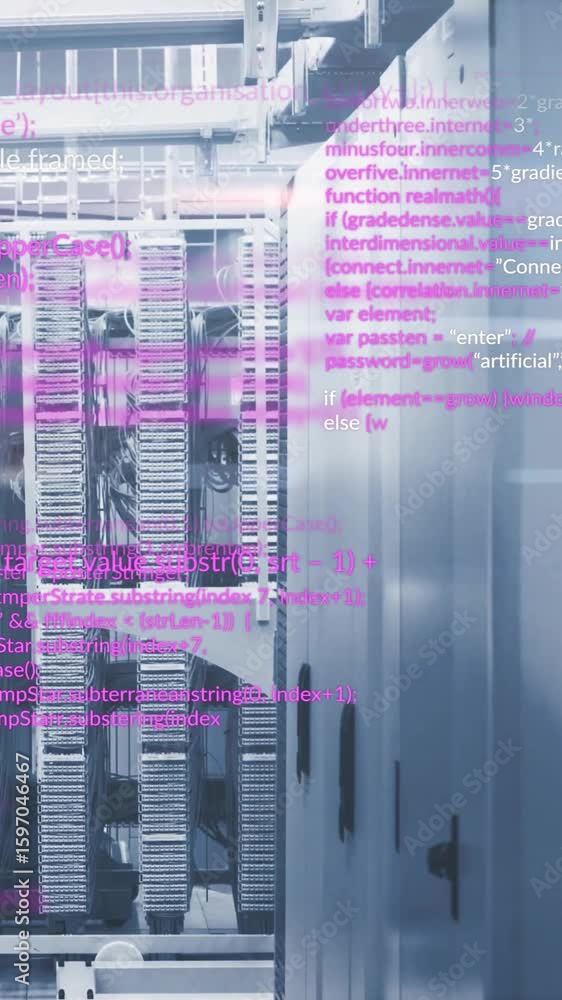  computer code animation over servers in data center