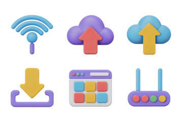 3D Render Icons of Cloud Storage, Wi-Fi Signal, and Network Tools