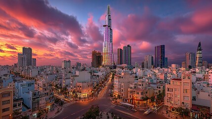 Obraz premium Colorful cityscape at sunset over urban intersection.