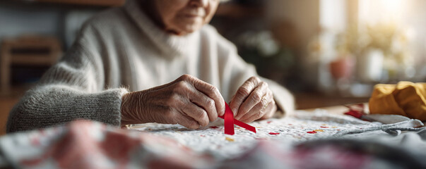Senior woman ties red ribbon, showing support. Symbolism, awareness and advocacy concepts. Useful for health, charity, social justice themes.