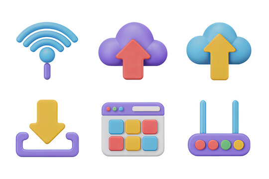 3D Render Icons of Cloud Storage, Wi-Fi Signal, and Network Tools