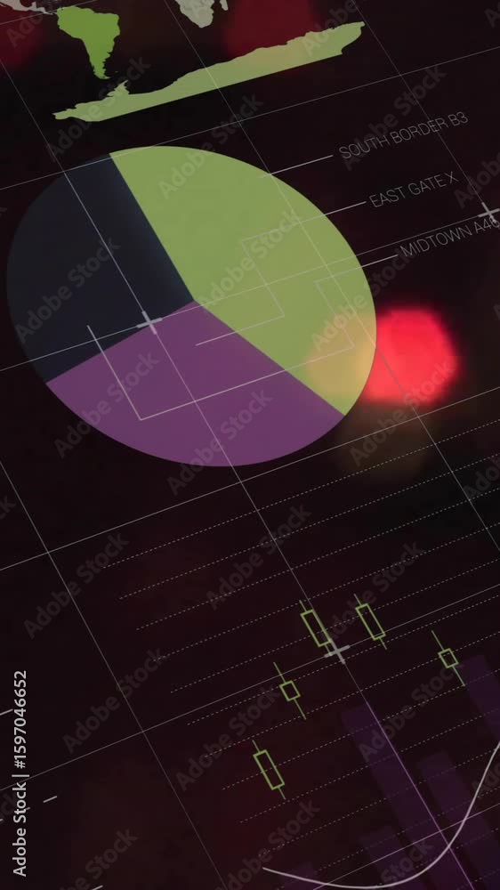 Poster pie charts and financial graphs animation over blurred red lights background