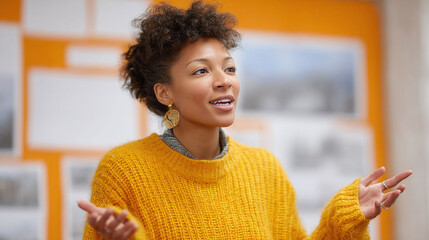 Engaging woman in a yellow sweater, gesturing with open hands, presenting or explaining. Bright, modern, and confident. Perfect for education or creative concepts.