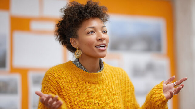 Engaging woman in a yellow sweater, gesturing with open hands, presenting or explaining. Bright, modern, and confident. Perfect for education or creative concepts.