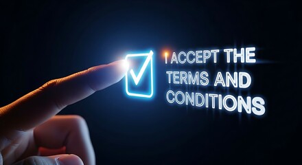 Terms and conditions agreement concept. A close-up of a finger checking a single holographic checkbox to accept the terms of service online.