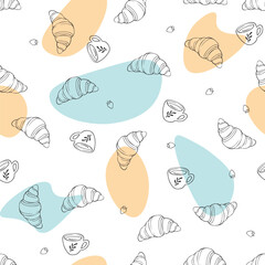 Seamless vector pattern with croissants and coffee for packaging, textile design, wallpapers, cafe menus and kitchen decor, hand-drawn