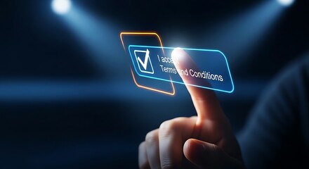 Terms and conditions agreement concept. A close-up of a finger checking a single holographic checkbox to accept the terms of service online.