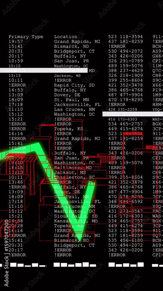 Poster animating green fluctuating line graph over red wireframe cityscape with numerical data