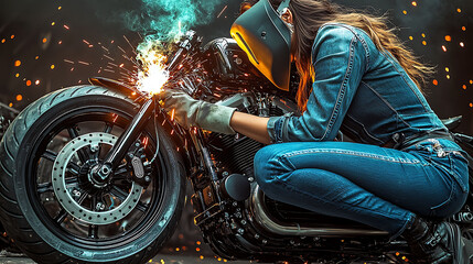 A female mechanic, clad in denim, skillfully welds a custom motorcycle, sparks flying. The image is dramatic, showcasing both her expertise and the powerful machine.