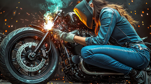 A female mechanic, clad in denim, skillfully welds a custom motorcycle, sparks flying. The image is dramatic, showcasing both her expertise and the powerful machine. - Powered by Adobe