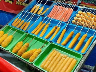 Street fast food meatball barbecue in Indonesia. Street fast food meatball barbecue with eggs in Indonesia