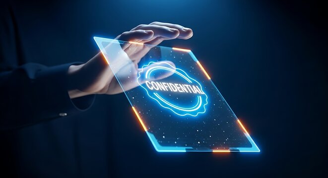 Confidentiality and non-disclosure agreement (NDA) concept. A hand shields a single holographic document with a glowing "CONFIDENTIAL" seal.