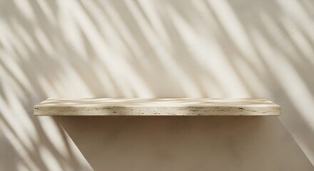 Minimalist stone shelf with natural palm leaf shadows and copy space