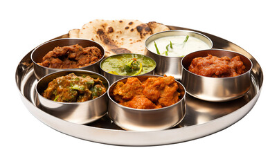 A traditional and authentic Maharashtrian mutton thali served in a round stainless steel plate with multiple bowls. The centerpiece is a rich, spicy mutton rassa (mutton curry) with tender, slow-cooke