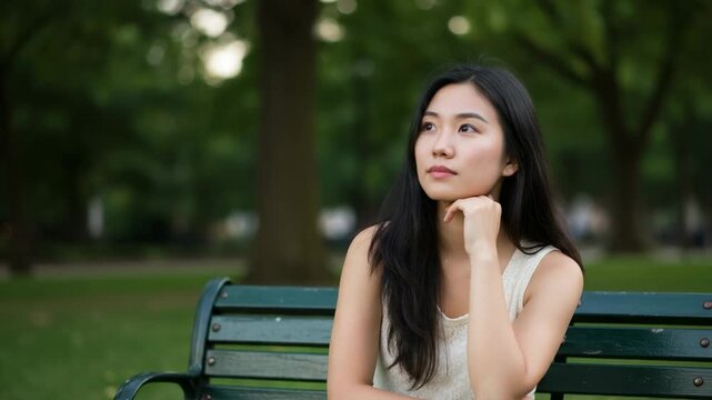 A beautiful young Asian woman sits on a park bench, looking up thoughtfully. Portrait of a pensive female student contemplating outdoors.
