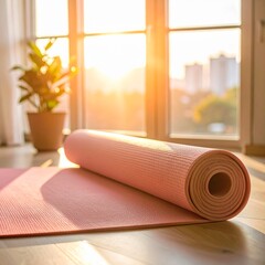 pink yoga mat on the floor by a window