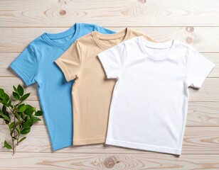 Beige & White  mock up t-shirts on a wooden background