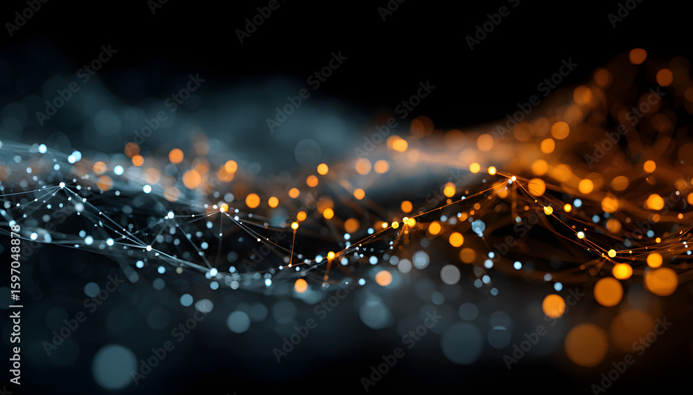 Poster abstract tech network data connections with orange, blue glowing dots, lines. artificial intelligenc