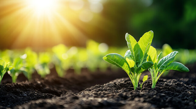 Fresh green plants growing in rich soil under sunlight, symbolizing growth and renewal
