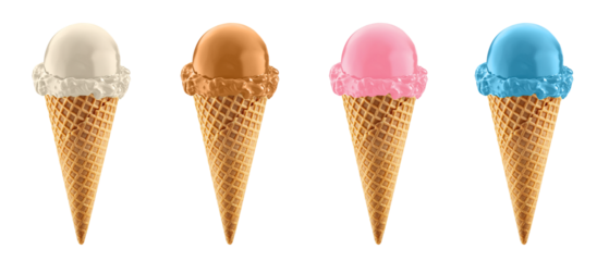 Colorful glazed waffle cone ice cream transparent PNG cutout set bundle, isolated background. Caramel, white, pink, light blue candy glaze flavor cue, cold sweet scoop summer treat
