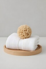 Obraz premium Soft cotton towel neatly folded on a wooden tray with a natural loofah sponge ball on top, showcasing minimalist spa decor and wellness aesthetics in neutral lighting 