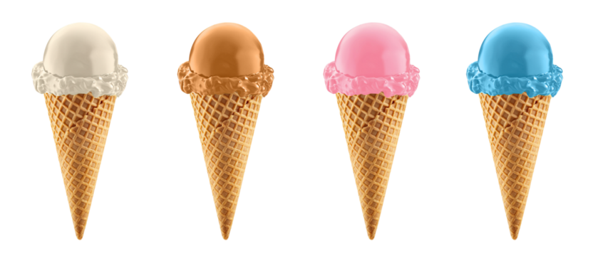 Colorful glazed waffle cone ice cream transparent PNG cutout set bundle, isolated background. Caramel, white, pink, light blue candy glaze flavor cue, cold sweet scoop summer treat