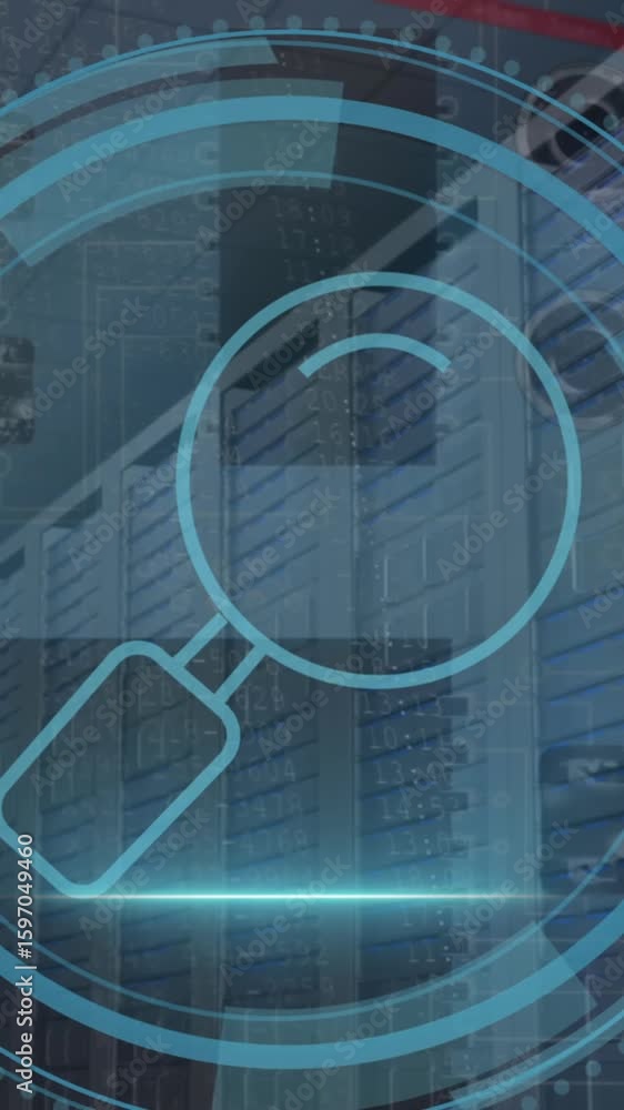 Poster animation of magnifying glass icon and data processing over computer servers