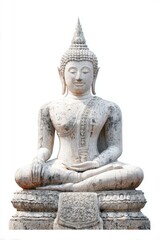 Fototapeta premium Serene White Stone Buddha Statue in Thailand: Outdoor Ancient Temple Sculpture, Meditation Pose, Spiritual Tranquility