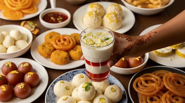 Indian Sweets Feast: Hand Holding Drink Amidst Delicious Desserts