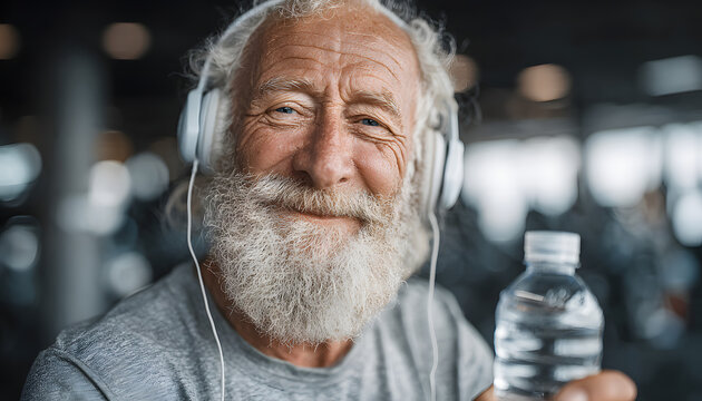 Smiling, healthy, fit, elderly man resting in gym after workout. Grey-haired man with white beard wears headphones, holds water bottle, resting. Happy senior in good shape. Active retirement - Powered by Adobe