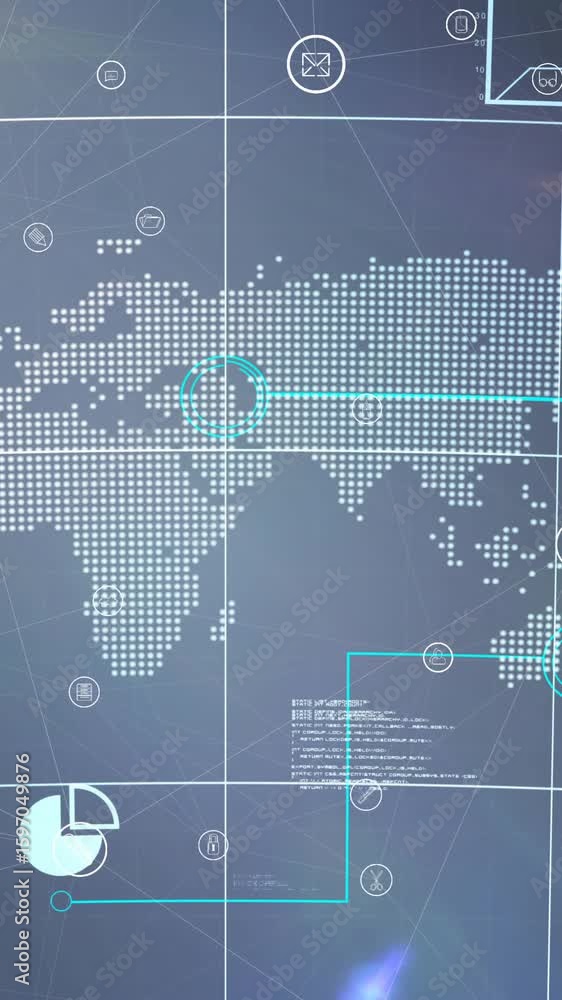 Poster animation of network of connections with digital icons over world map in background