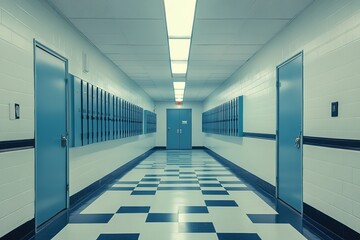 Fototapeta premium A photograph of the interior hallway in an American high school, with white walls and black square patterns on the floor, two blue doors at one end leading to lockers with blue accent lines.