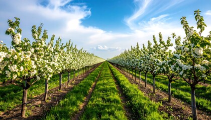 Obraz premium Blooming orchard rows under a blue sky