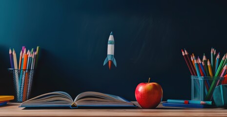 A rocket drawn on the blackboard behind an open book, with colored pencils and school supplies placed next to it. The background is dark blue, creating contrast against the light wood desk