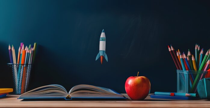 A rocket drawn on the blackboard behind an open book, with colored pencils and school supplies placed next to it. The background is dark blue, creating contrast against the light wood desk