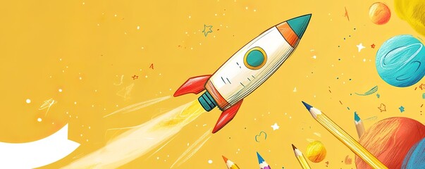 A rocket made of crayons flies into space, against a yellow background with stars and planets on the right side. This is a simple hand-drawn drawing for a children's book cover template
